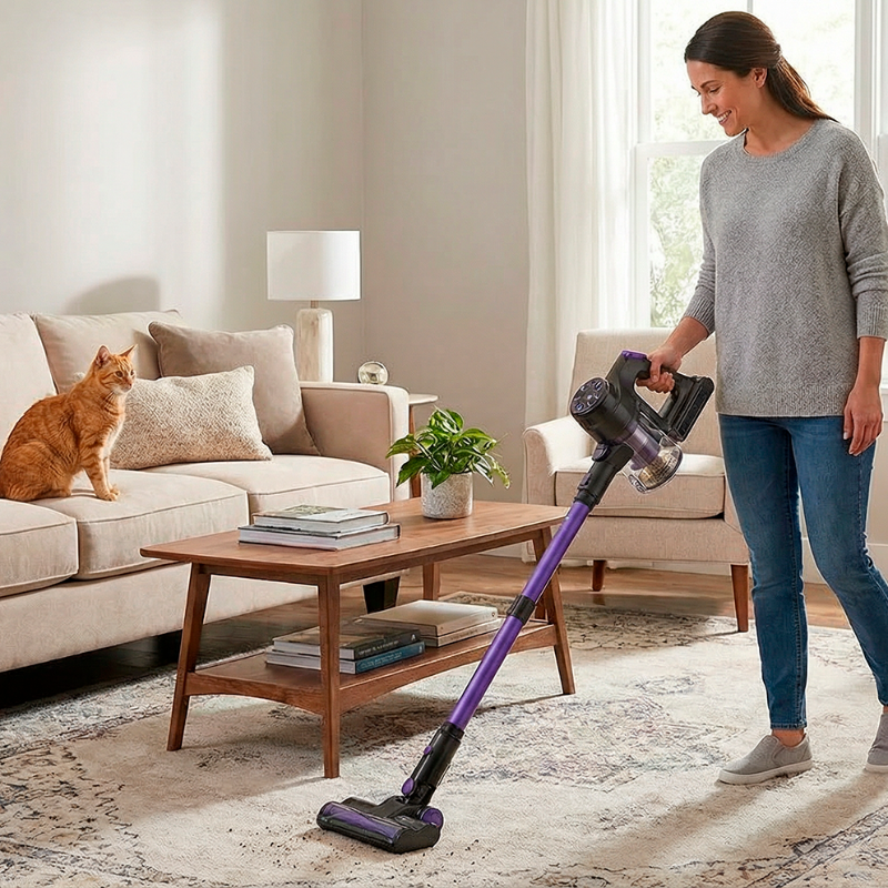 Femme avec aspirateur sans fil ERGOPOWER pour nettoyer un tapis avec des poils de chat