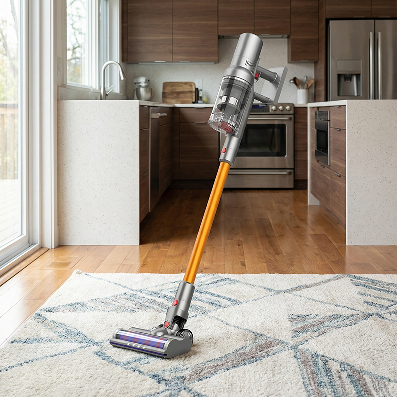 aspirateur sans fil sur sol en parquet avec tapis à coté de la cuisine propre