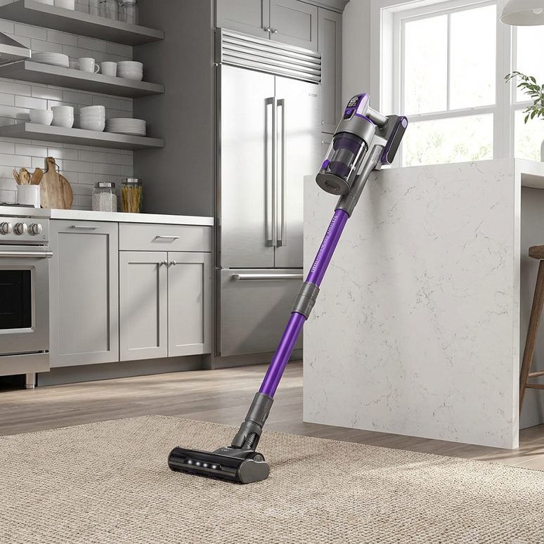 aspirateur sans fil sur un tapis dans la cuisine