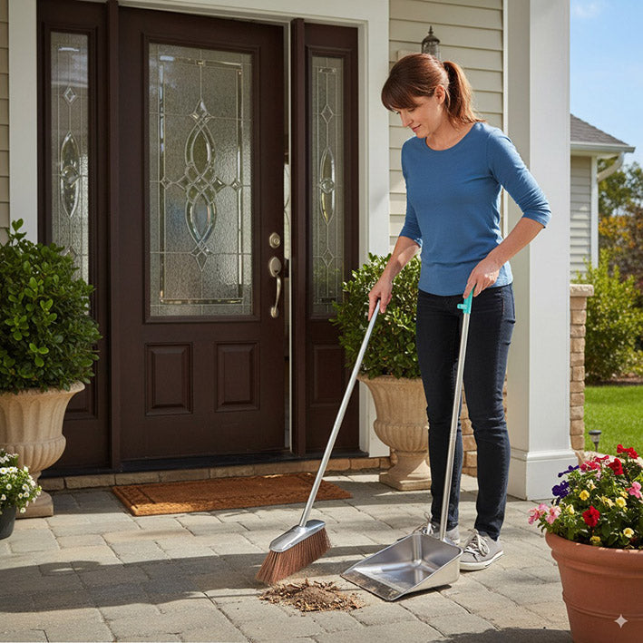 Femme nettoie entré balai pour nettoyage des sols