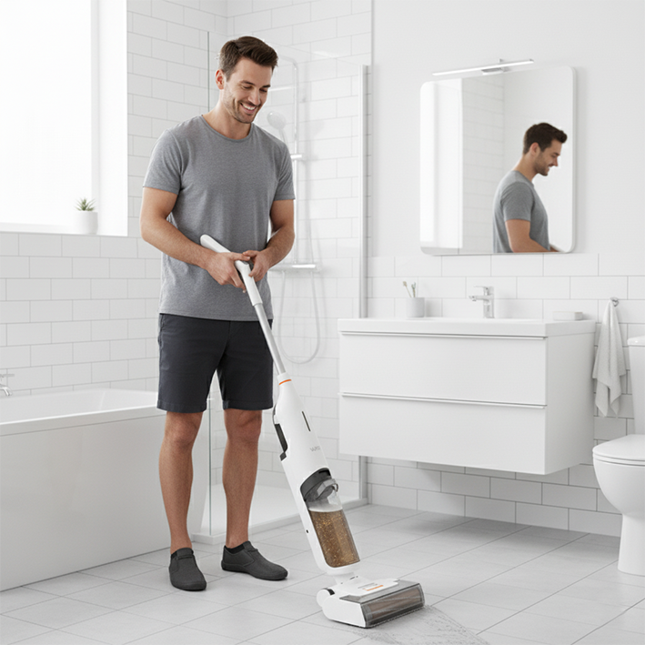 homme aspirateur laveur sans fil salle de bain ménage