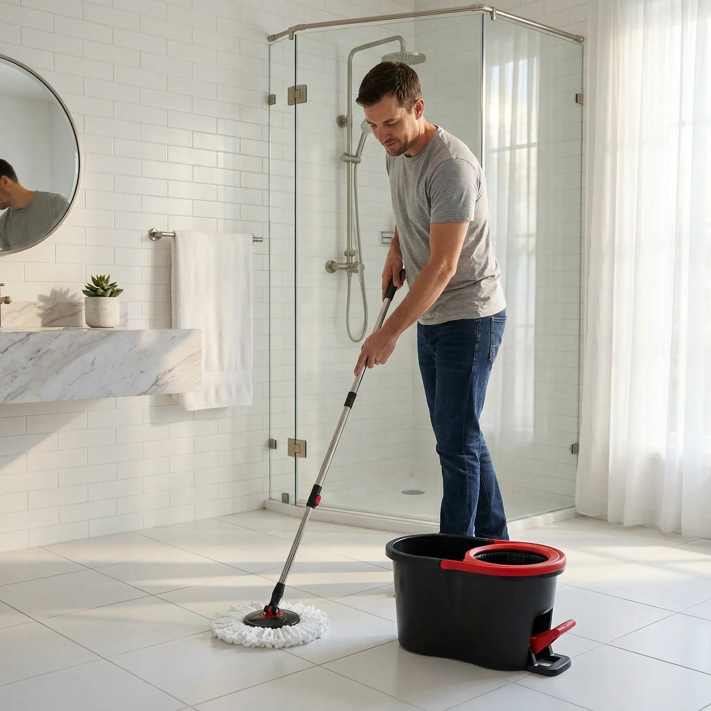 homme nettoie avec seau-et-serpillĂšre la salle de bain