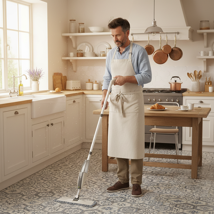 homme avec serpillĂšre balai pour nettoyage de cuisine