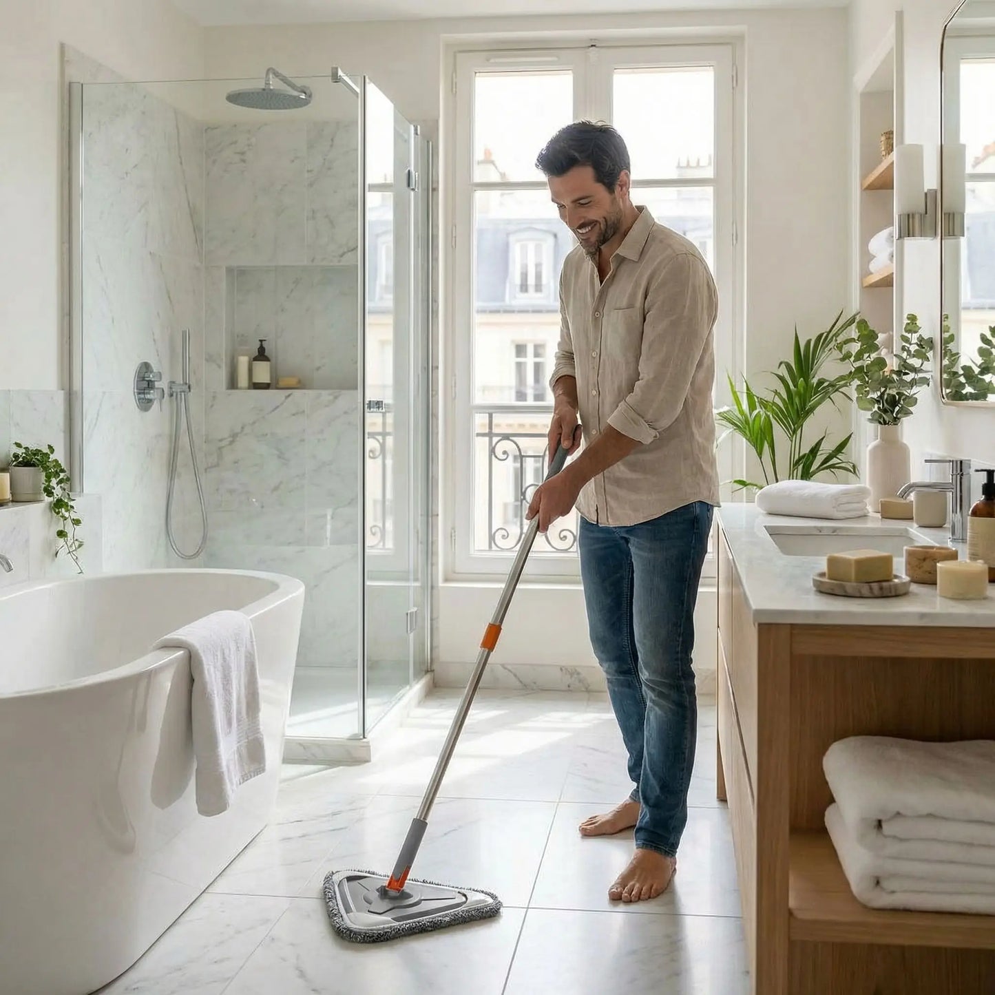 homme avec serpillère microfibre nettoie la salle de bain
