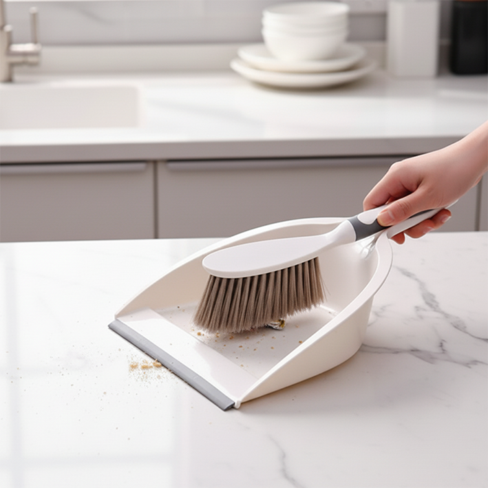 pelle et balayette déchet sur le comptoir de la cuisine