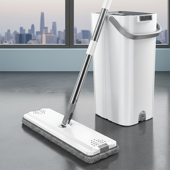 seau et serpillère sol gris propre salon