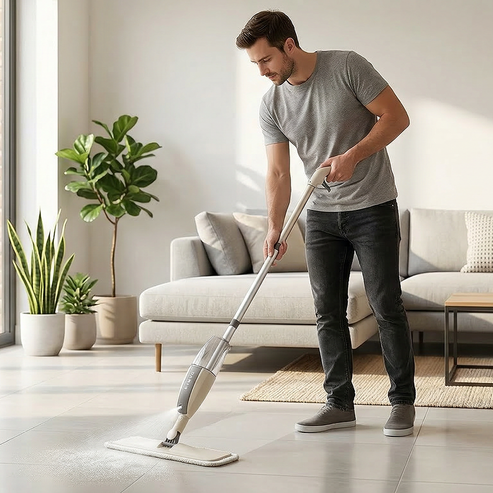 Homme nettoyant le salon avec serpillère balai