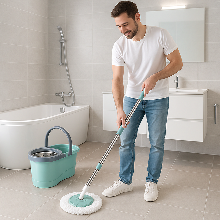 Seau et serpillère homme salle de bain