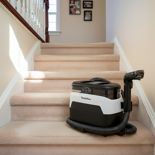 aspirateur laveur sur les escaliers avec une moquette propre