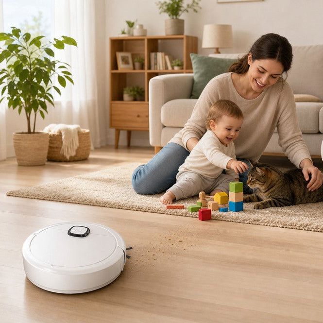 aspirateur laveur robot blanc femme avec enfant 1