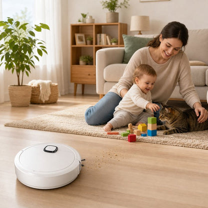 aspirateur laveur robot blanc femme avec enfant 1
