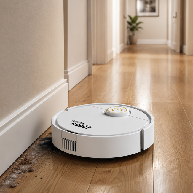aspirateur laveur robot blanc ramassage saleté coins