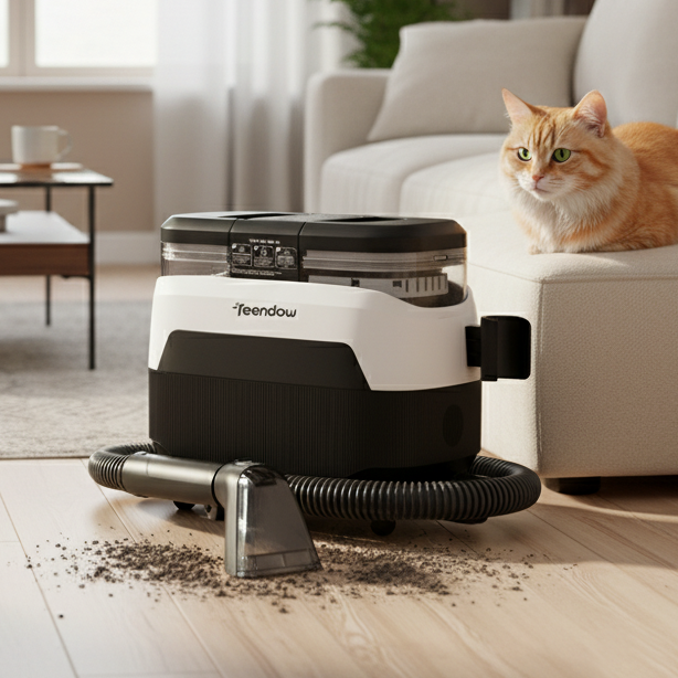 aspirateur laveur dans un salon avec la saleté du  chat