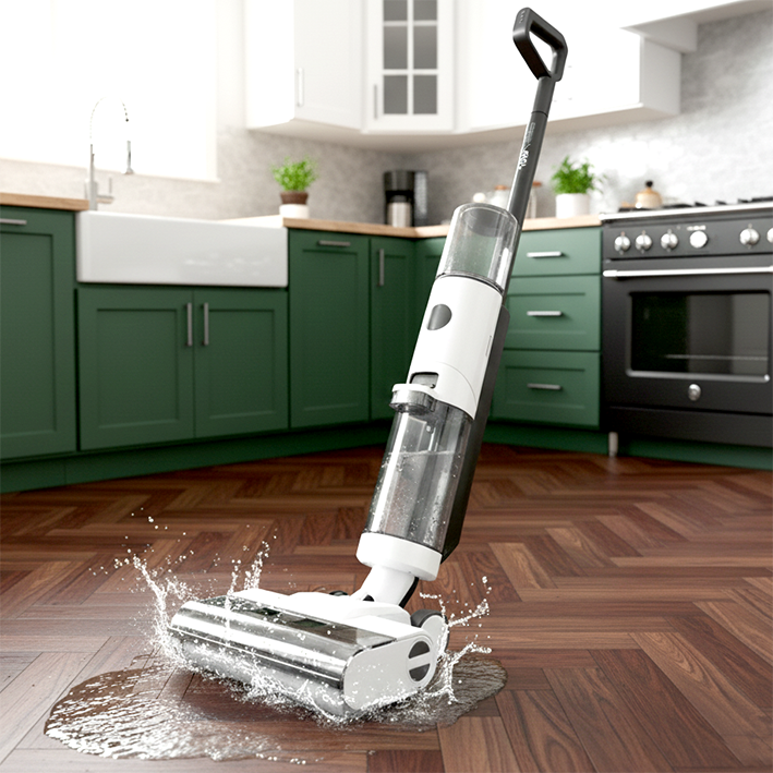 aspirateur laveur sans fil dans une cuisine avec de l'eau