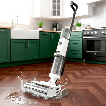 aspirateur laveur sans fil dans une cuisine avec de l'eau