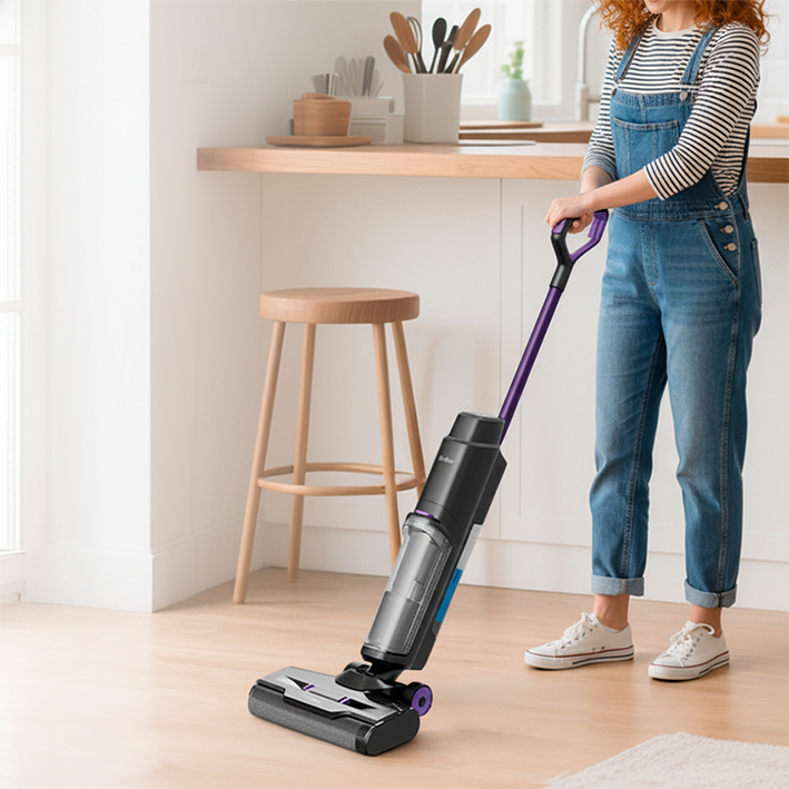 aspirateur laveur sans fil avec une  femme qui nettoie la cuisine sobre