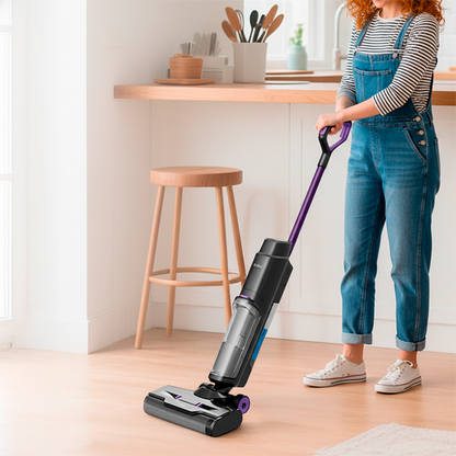 aspirateur laveur sans fil avec une  femme qui nettoie la cuisine sobre
