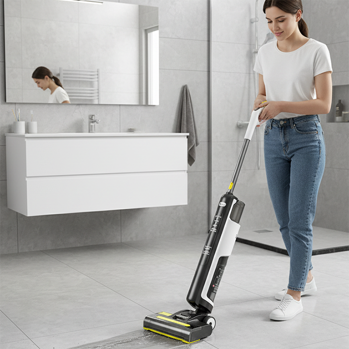 aspirateur laveur sans fil avec une femme qui nettoie la salle de bain