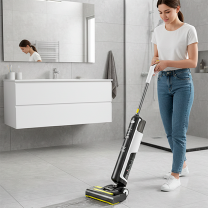 aspirateur laveur sans fil avec une femme qui nettoie la salle de bain