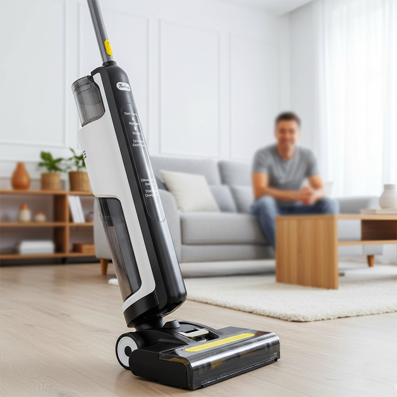 aspirateur laveur sans fil nettoyage salon gros plan