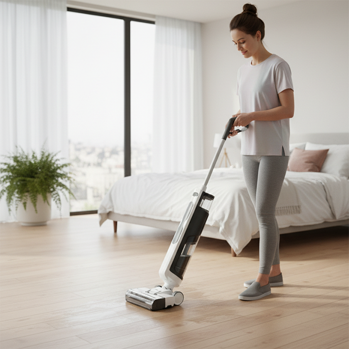 femme  avec balai aspirateur laveur  dans la chambre  à coucher