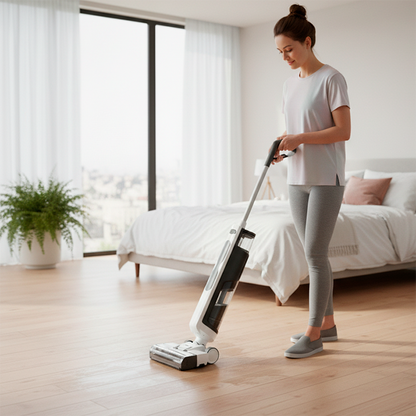 femme  avec balai aspirateur laveur  dans la chambre  à coucher