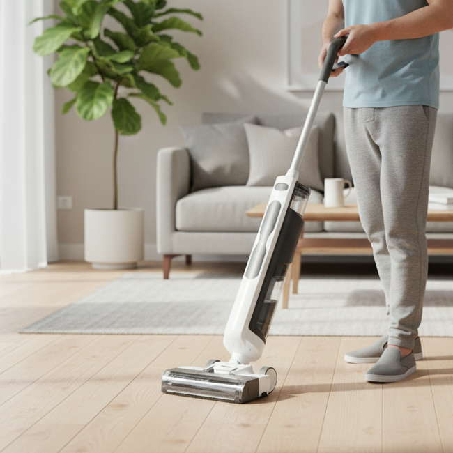 homme  avec balai aspirateur laveur qui fait le  nettoyage rapide au salon moderne