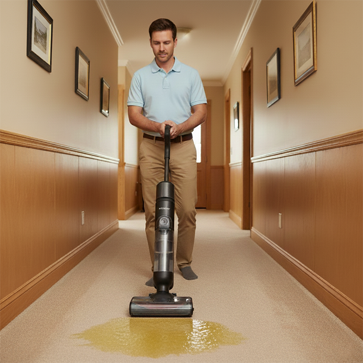 balai aspirateur laveur nettoie le pipi du chien