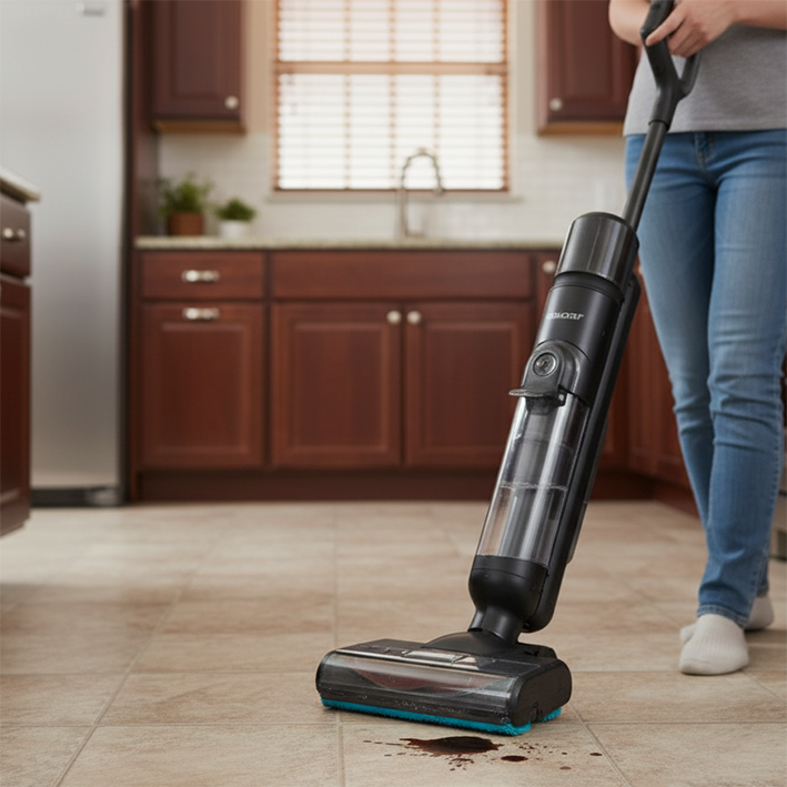 balai aspirateur laveur qui ramasse le café versé sur le sol