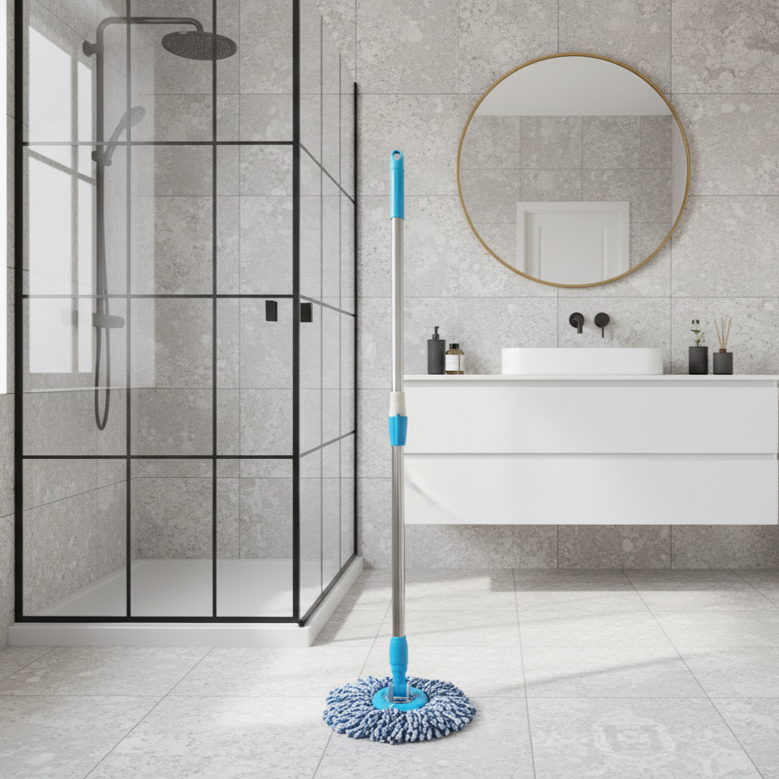 balai lave sol bleu salle de bain
