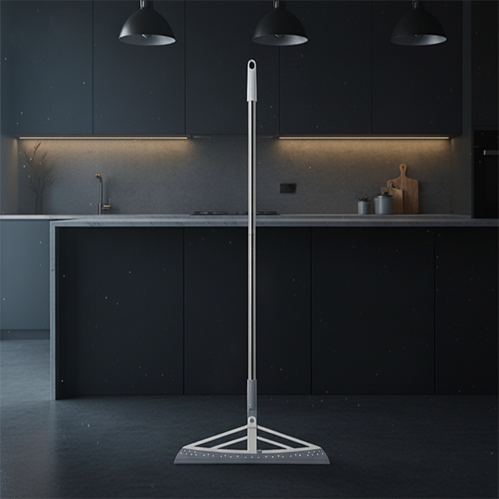 Balai raclette dans une cuisine noir et propre