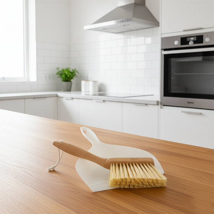 balayette et pelle dans une cuisine moderne