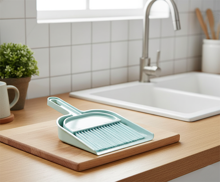 balayette vert pastel dans la cuisine