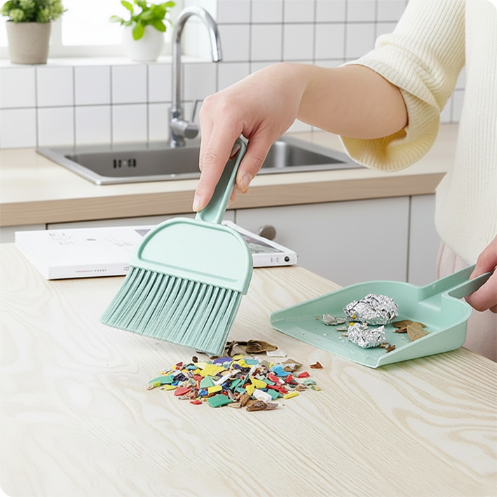 balayette verte dans la cuisine pour ramasser les déchets