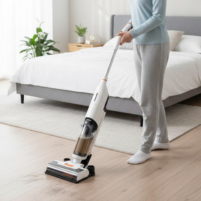femme avec aspirateur laveur sans fil qui nettoie la chambre