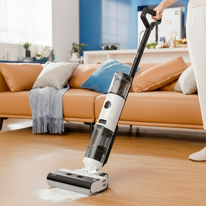 Femme nettoie avec l'aspirateur-laveur sans fil le parquet du salon