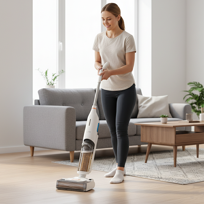 femme avec aspirateur laveur sans fil salon