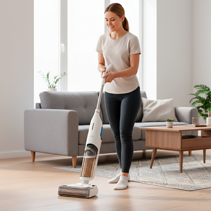 femme avec aspirateur laveur sans fil salon