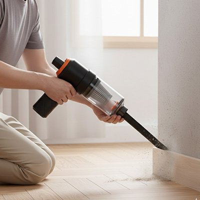 femme avec mini aspirateur nettoie les plaintes