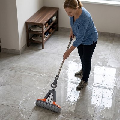 femme avec Serpillère nettoyage salle de bain