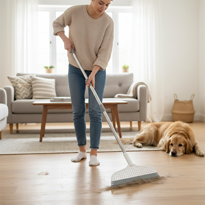 Femme avec balai pour nettoyage des sols animaux