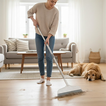 Femme avec balai pour nettoyage des sols animaux