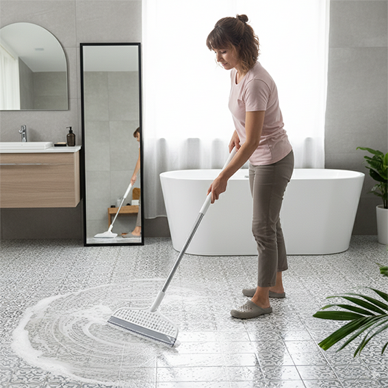 Femme avec balai pour nettoyage des sols salle de bain