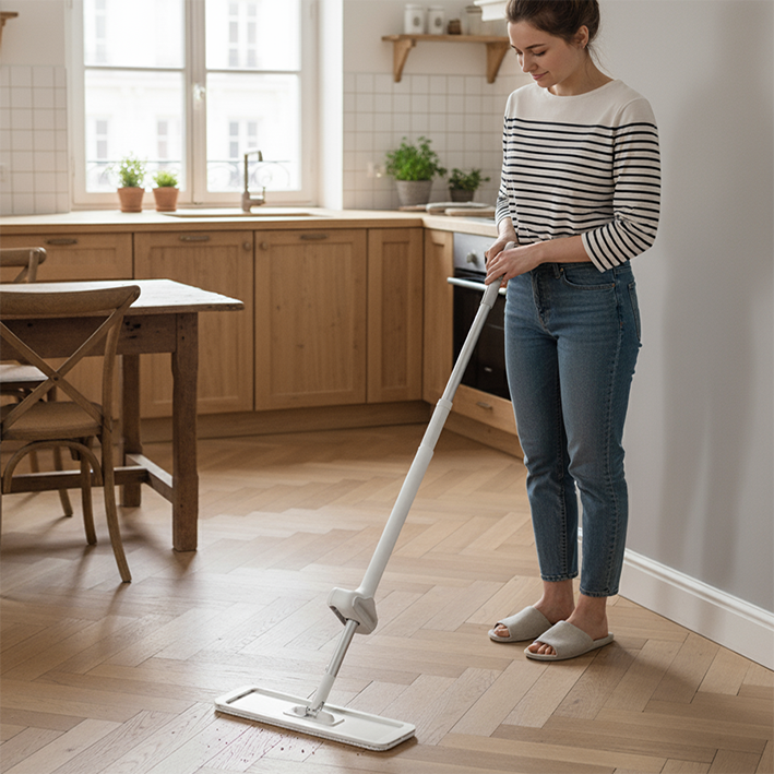 Femme balai serpillère cuisine avec miettes sur le sol