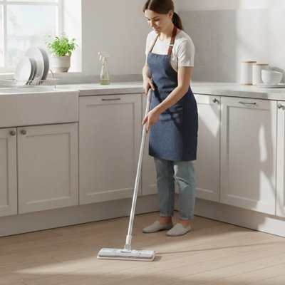 femme nettoie avec serpillère  cuisine