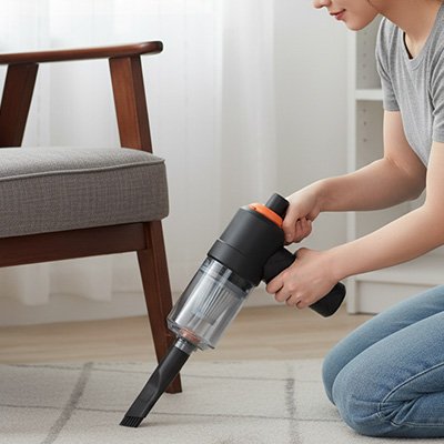 femme nettoie le sol plein de miettes avec mini aspirateur