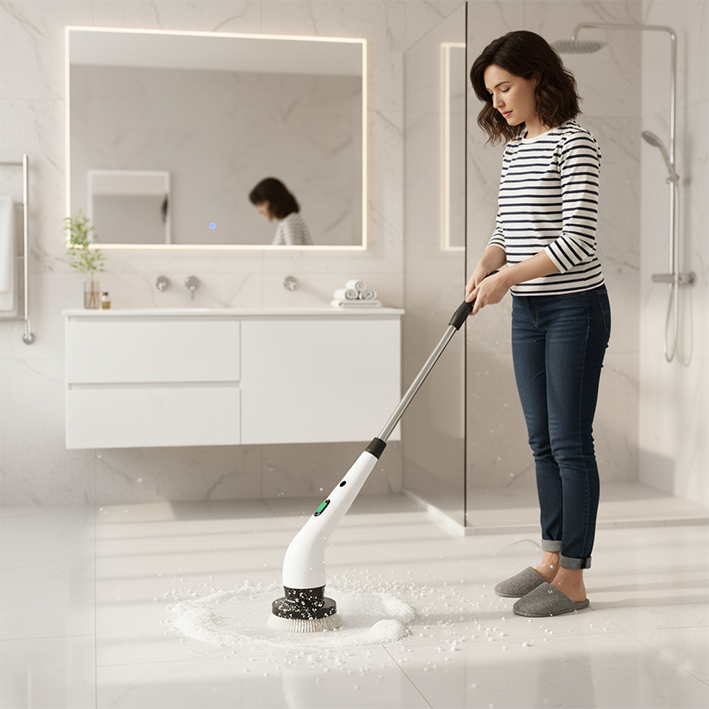 Femme nettoie salle de bain-brosse-de-nettoyage électrique
