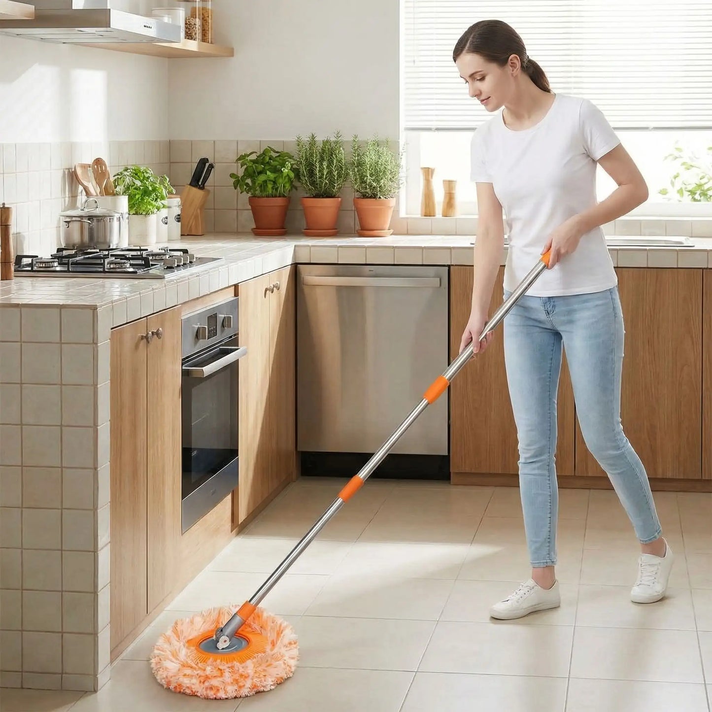 Femme nettoie avec la serpillère cuisine 1,5 m