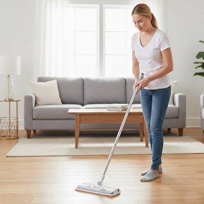 femme serpillère nettoyage parquet salon