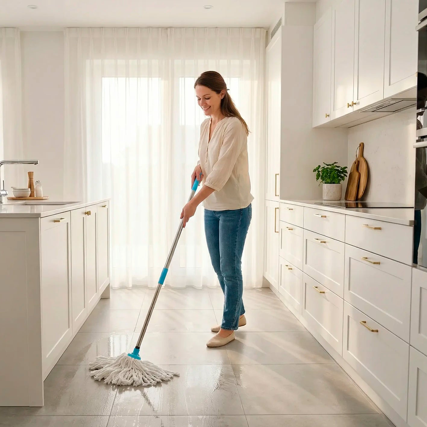 femme utilise sa serpillère pour nettoyer sa cuisine moderne